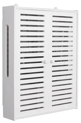 Produktbild von PVC-Wandregal für WLAN-Router und Steckdosen – 2 höhenverstellbare Regalböden mit Klapptüren – Staubdichte Kabeldurchführung (Kabelbox) – Platzsparend für Wohnzimmer/Büro – Einfache Montage