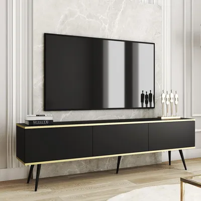 Productafbeelding van TV-meubel FORNO, zwart, goud, glamour, Art Deco stijl, 175 cm, met zwarte poten