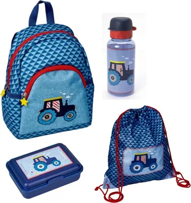 Produktbild von Kinder Rucksack Set 4tlg. für Jungen und Mädchen Blau Die Spiegelburg Kleine Freunde Traktor Trekker Stickerei für den Kindergarten
