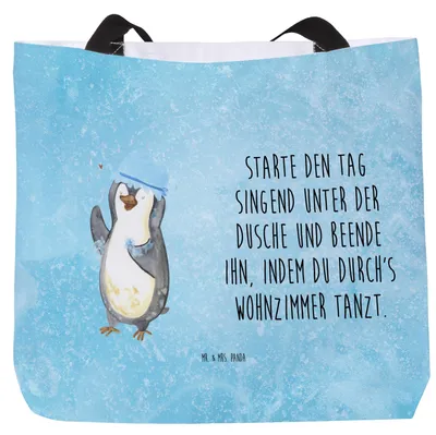 Produktbild von Mr. & Mrs. Panda Strandtasche Pinguin Duschen - Eisblau - Geschenk, Tote Bag, Duschkonzert, Laptoptasche, Schultasche, Tasche, glücklich sein, Reisetasche, Stoffbeutel