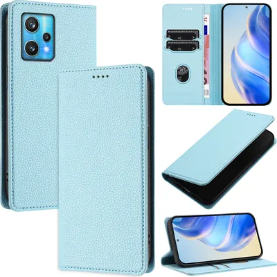 Produktbild von Litchi Leder Handyhülle für Realme 9 Pro+/Realme 9 4G/Narzo 50 Pro Wallet Kartenfächer Standfunktion Hülle Hellblau