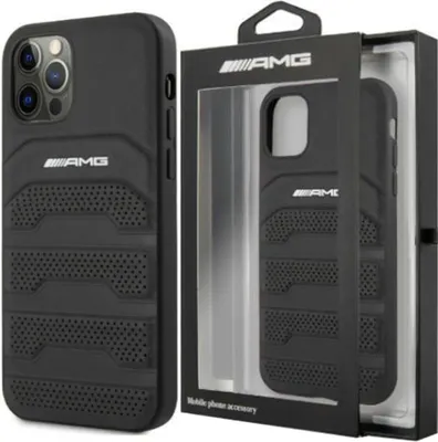 A black phone case with the AMG logo is displayed next to its packaging.