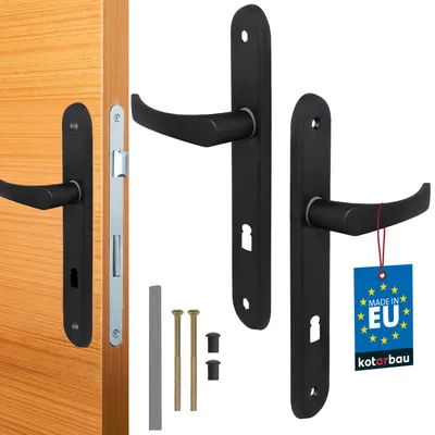 A set of black door handles and lock mechanisms on a white background, with one handle attached to a wooden door.