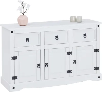 Produktbild von Sideboard RURAL im Mexiko Stil weiß lasiert Kommode Kiefer massiv mit 3 Schubladen und 3 Türen