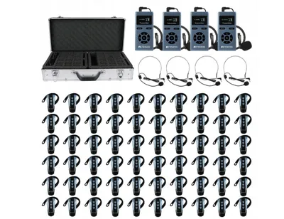 A set of Retekess TT106S tour guide system devices, including a charging case, transmitters, and receivers with headsets, arranged on a white background.