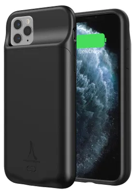 A black battery case for an iPhone 11 Pro is shown from a diagonal angle, with the phone's screen visible and displaying a full charge.
