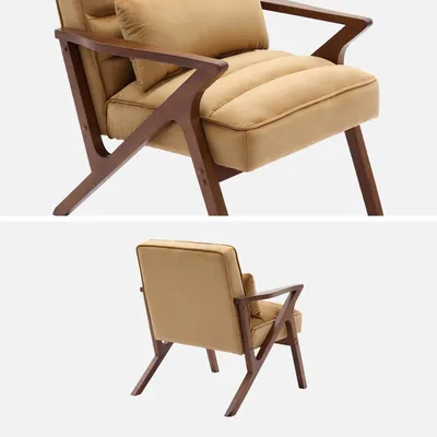 Two views of a camel-colored velvet armchair with a wooden frame, presented against a white background.