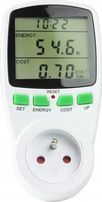 A white digital wattmeter/energy meter with a digital display and buttons.