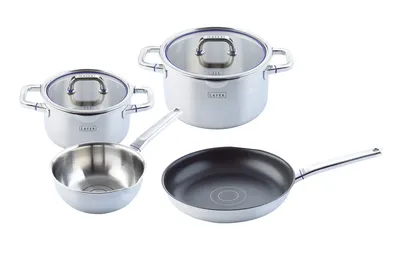 Produktbild von ELO Topfset LAFER, Kochtöpfe aus 18/10 Edelstahl mit Glasdeckel und Abgießrand, Kochgeschirr für Glaskeramik-, Gas-, Elektro-, Induktionsherde - spülmaschinengeeignet, Menge: 1 x 4er Set
