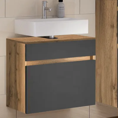 Produktbild von Badmöbel Waschbeckenunterschrank 60 cm LOUROSA-03 in Wotaneiche Nb. mit matt grau, B/H/T: ca. 60/55/35 cm
