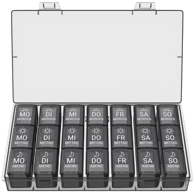 Produktbild von WELLGRO Tablettenbox für 7 Tage - je 3 Fächer pro Tag - separate Wochentagsentnahme - Wochendosierer mit Klickverschluss - Kunststoff - Farbe wählbar