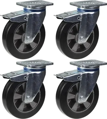 Immagine prodotto di rotelle girevoli in gomma nera da 200 mm e 8" con freno, portata 1800 kg, set da 4