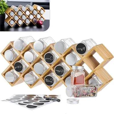 Obrázok produktu pre Stojan na koreniny z bambusu so sklenenými nádobami a viečkami