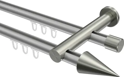Produktbild von Interdeco Innenlaufstange / Gardinenstange mit Innenlauf Silbergrau / Edelstahl-Optik, Typ Platon Savio (Kegel), 20 mm Ø 2-läufig, 400 cm