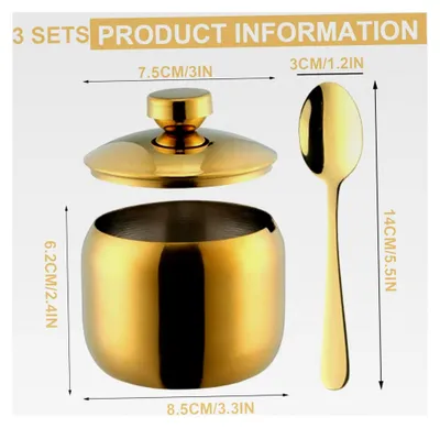 Produktbild von 3 Sets Gewürzbehälter mit Löffel und Deckel aus Edelstahl 304 für Zucker, Pfeffer, Salz und Gewürze (Gold)