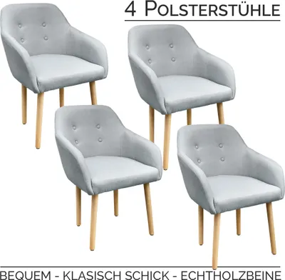 4 Stühle mit umlaufender Armlehne, Holzbeine und hellgrauem Stoff auf Rückenlehne, Sitzpolster und Armlehne