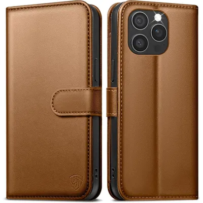 Obrázok produktu pre Puzdro na iPhone 16 Pro s 6 priehradkami na karty, ochranou proti RFID, funkciou stojanu, vzhľadom imitujúcim kožu, v hnedej farbe