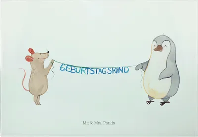 Produktbild von Mr. & Mrs. Panda Hackbrett Maus Pinguin Geburtstag - Weiß - Geschenk, Schneidebrett Glas, Küchenbrett, Geburtstagsgeschenk, Happy Birthday, Glasschneidebrett