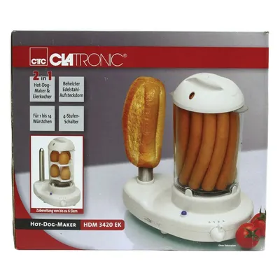 Produktbild von Clatronic 2in1 Hot Dog Maker & Eierkocher | Hotdog Maker Set für 1-14 Würstchen | Egg Cooker für bis zu 6 Eiern | mit beheiztem Edelstahl-Aufsteckdorn | inkl. Messbecher mit Eipicker | HDM 3420 EK