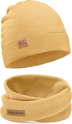 Produktbild von Bubalove | Kinder Beanie Mütze | Loop Schal | SET | Gelb | 40-46 cm | Frühling | Kindermützen für Jungen und Mädchen