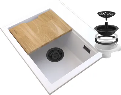 Obrázek produktu pro Granitan | granitový dřez FOXAL - bílý - s černým sifonem - ergonomický design - 1 přihrádka