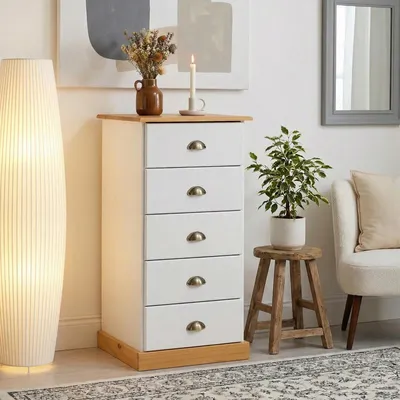 Produktbild von Kommode PARIS aus Kiefer massiv weiß/braun, schöne Schubladenkommode mit 5 Schubladen, praktische Mehrzweckkommode mit Muschelgriffe