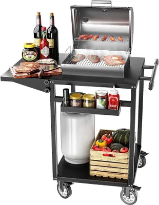 Produktbild von Grillwagen Grilltisch, 87 x 62 x 89cm Grillwagen Outdoor mit Klappbarer Beistelltisch, Etagen, Aufbewahrungsregal, Rollen, Servierwagen Outdoor für Außenbereich Picknicks Partys