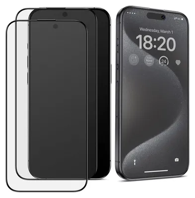 A product shot showing two screen protectors and a smartphone.