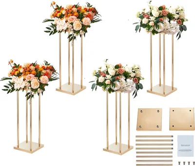 Immagine prodotto di SucceBuy: espositore floreale a 4 elementi con colonne in metallo dorato per matrimoni, alto 60 cm, con rivestimento in laminato metallico, vasi geometrici da tavola, espositore floreale cilindrico per eventi, ricevimenti e feste