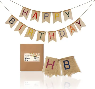 Produktbild von PHENO FLAGS Happy Birthday Stoff-Wimpelketten (2m und 2,5m) aus Leinen