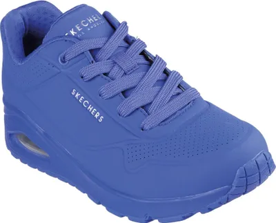 A blue Skechers sneaker is shown from a side angle against a white background.
