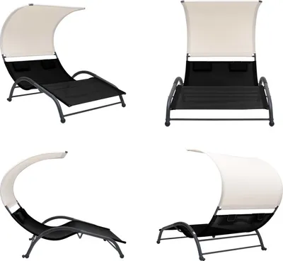 Image de vidaXL Chaise longue double avec toit solaire Textilène noir - Chaise longue - Bains de soleil - Chaise longue de jardin