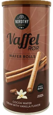Produktbild von Kakao Waffelröllchen mit Vanillegeschmack Nordthy Denmark 250g