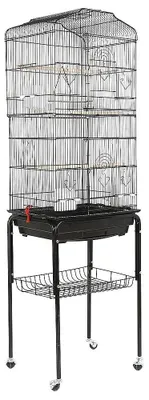 Obrázok produktu pre Veľká klietka pre vtáky – klietka pre malé vtáky – 46 x 35,3 cm – pevný železný rám – vyberateľná podložka – viacero bidiel a misiek na krmivo – s kolieskami – čierna
