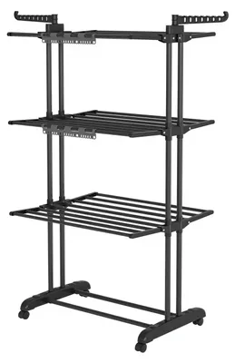 Obrázek produktu pro Sušák na prádlo - 4 úrovně - Skládací - S kolečky - Křídlový - Držák na ponožky - 126,6 x 64,2 x 169,2 cm - Černý