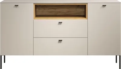 A modern sideboard with two drawers and an open shelf, set against a white background.