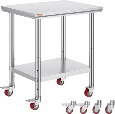 Immagine prodotto di Piano di lavoro 76 x 60 x 81 cm, piano di lavoro per catering in acciaio inox, tavolo per la preparazione dei cibi su rotelle, bancone da cucina, piano di lavoro commerciale, 4 gambe regolabili