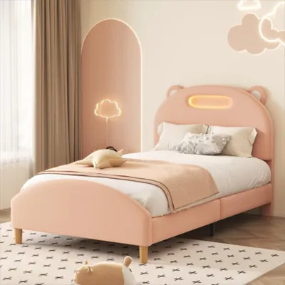 Immagine prodotto di Letto singolo Sweiko 90x200cm, letto per bambini, letto imbottito con striscia LED, testata a forma di testa d'orso, con rete a doghe in legno, velluto, kaki
