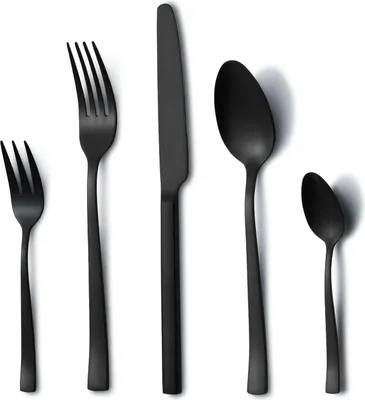 A set of black cutlery arranged on a white background.