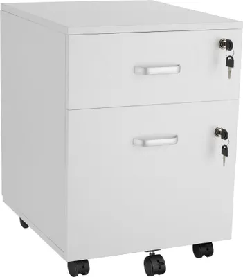 A white two-drawer filing cabinet on wheels is shown against a white background.