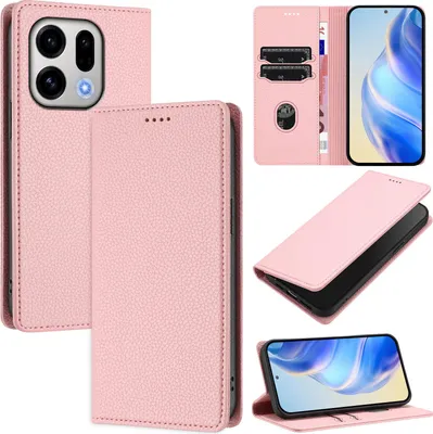 Produktbild von Litchi Leder Handyhülle für Oppo Find X9 Wallet Kartenfächer Standfunktion Hülle Pink