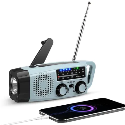 Obrázok produktu pre Núdzové rádio – rádio s ručným nabíjaním a solárnym napájaním – powerbanka 2000 mAh – príjem AM/FM – funkcia nabíjania cez USB – baterka s SOS alarmom