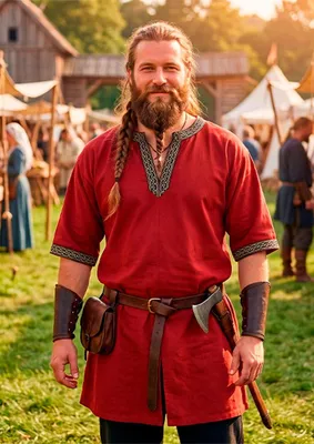 Produktbild von Klassische Wikinger Tunika rot "Arvid" mit Knotenmuster, kurzarm S