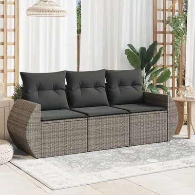 Produktbild von Design 3-tlg. Garten-Sofagarnitur mit Kissen Grau Poly Rattan, Gartenmöbel-Sets 2024 Neu