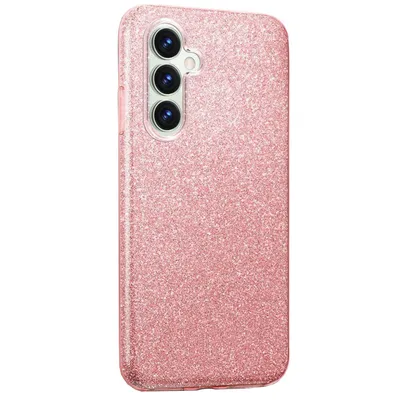 A pink glitter phone case with a camera cutout.