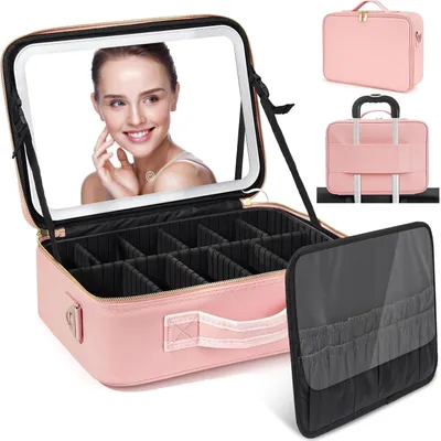 Produktbild von Make up Tasche(Pink)Kosmetiktasche mit LED Spiegel(3 Farben)wasserdichte Schminktasche,Großer Pinselstauraum,USB-C Aufladung,Reisebox für Damen