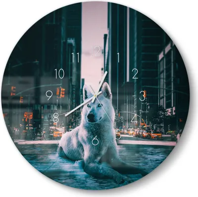 Produktbild von DEQOART Glasuhr Ø50 cm Zahlen 'Urbane Wolfsruh' Wanduhr Glas Uhr Design leise Küchenuhr