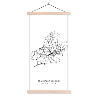 Produktbild von MuchoWow® Textilposter Deutschland - Frankfurt am Main - Stadtplan - Karte - Schwarz-weiß - Karte 60x120 cm mit holzfarbenen Rahmen - Holz