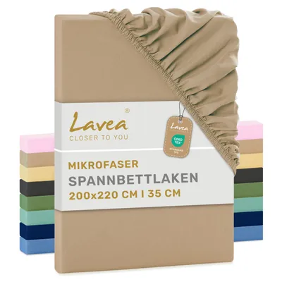 Zdjęcie produktu dla Lavea® Zestaw pościeli satynowej na materac z gumką, 200x220 cm, wykonany z mikrofibry, przeznaczony do materacy o grubości do 35 cm, oddychający i zapewniający uczucie chłodu - kolor beżowy