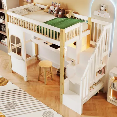 Produktbild von STILVORA Hochbett 90×200 mit Schreibtisch&Staufach,Jugendbett Kinderbett mit LED&Steckdose,Bettgestell in Fensterform,Holzbett ohne Matratze,Weiß+Natur